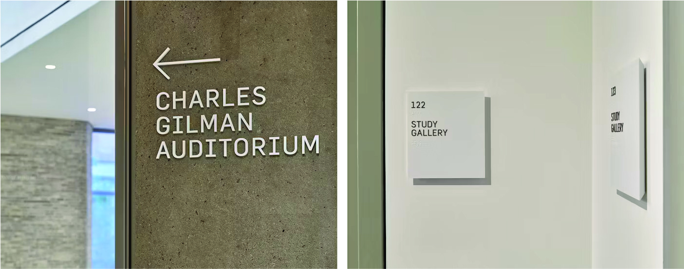 Charles Gilman Auditorium dimensional letters and small framed room plaques